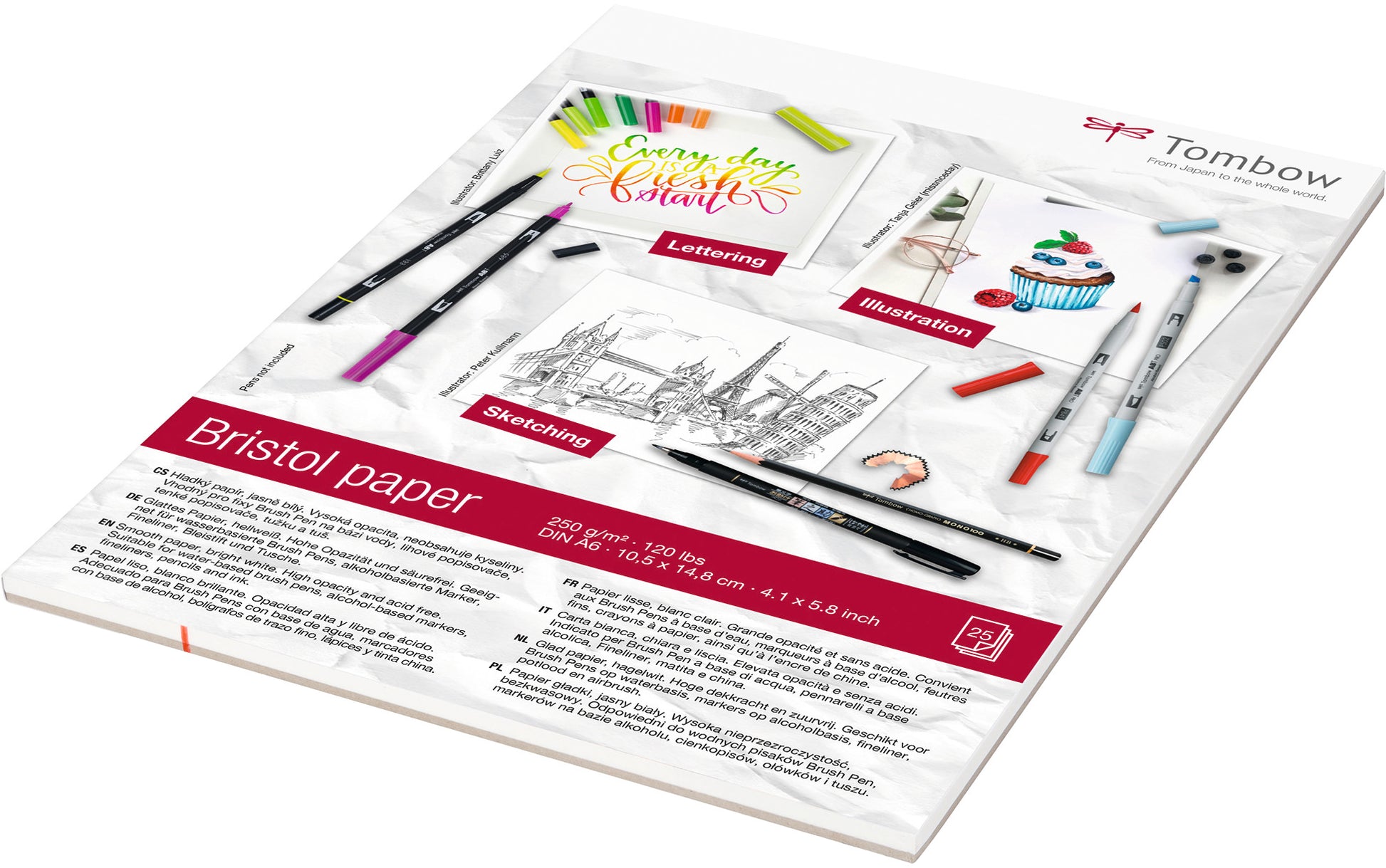 Tombow Bristol Skizzenblock – A6 – 250 g/m² – 25 Blatt, weiss, glatt, für Marker, Bleistift & Buntstifte