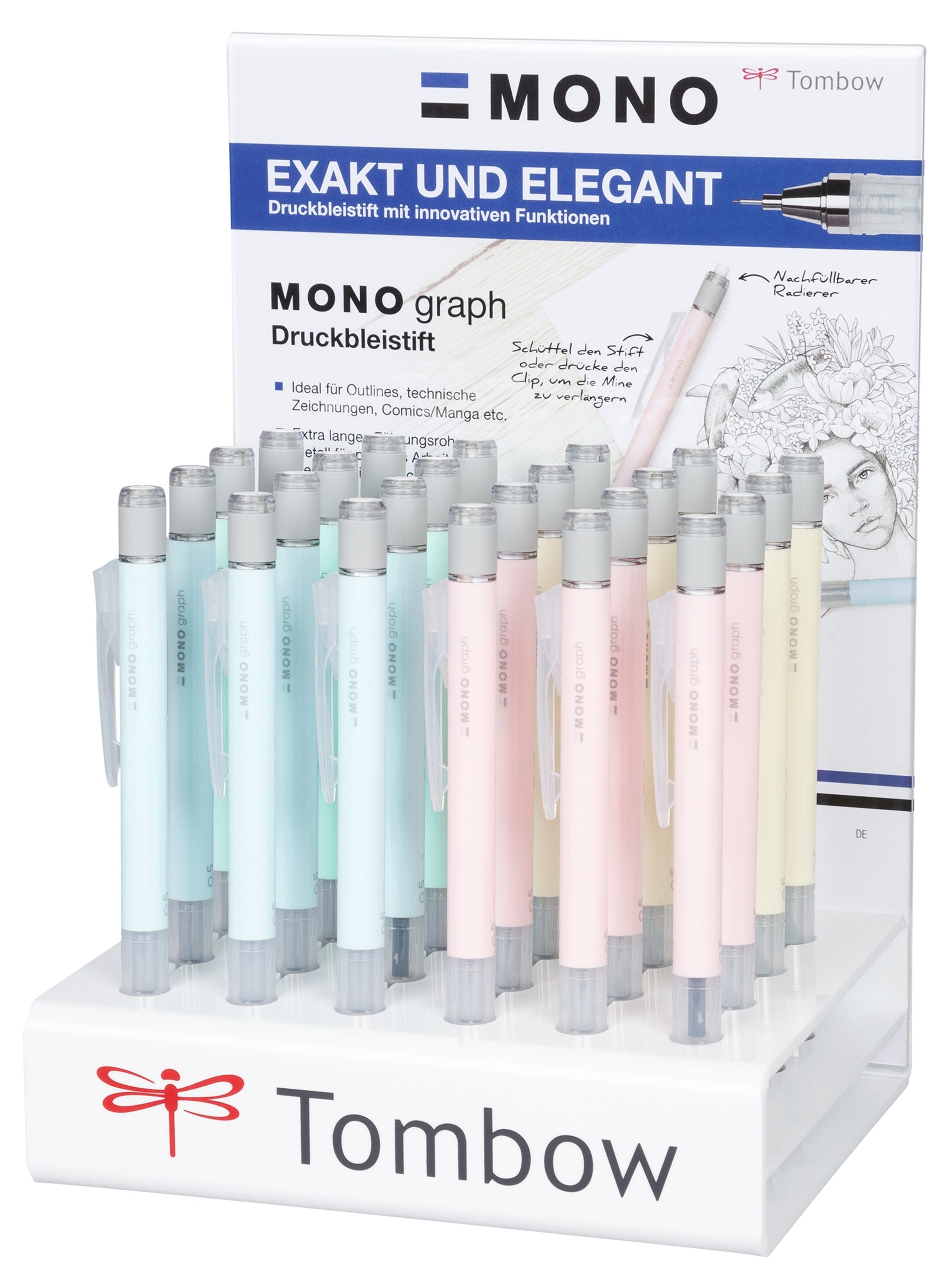 Tombow MONO Graph Fallminenstift – 4 mm – Cremegelb/Minzgrün/Korallenrot – Schüttel-Mechanismus – 24er-Display