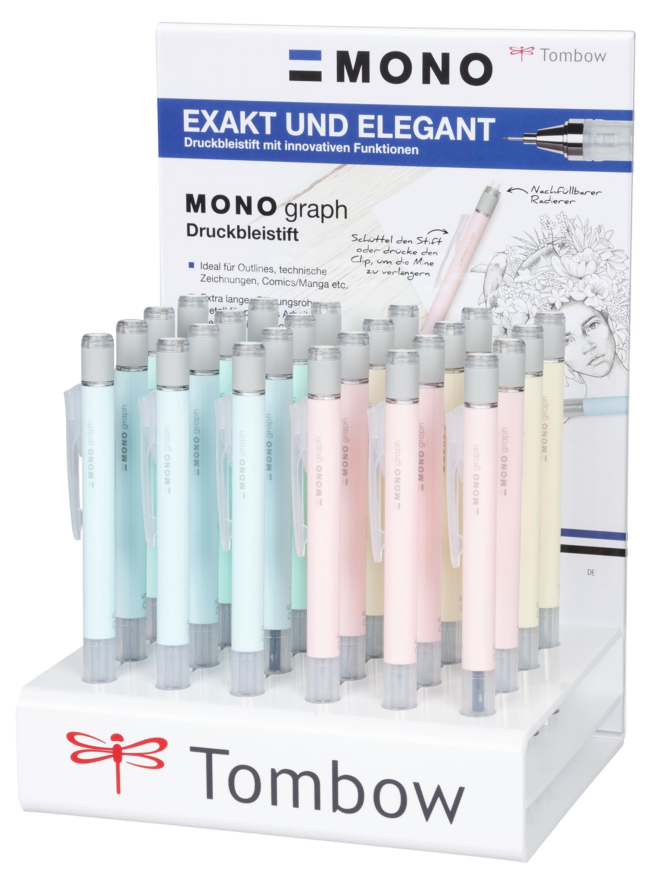 Tombow MONO Graph Fallminenstift – 4 mm – Cremegelb/Minzgrün/Korallenrot – Schüttel-Mechanismus – 24er-Display