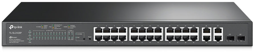 TP-Link SL2428P – Managed Switch – 24×10/100, 4×GbE, 2×SFP, L2, PoE+ 250 W, 1U