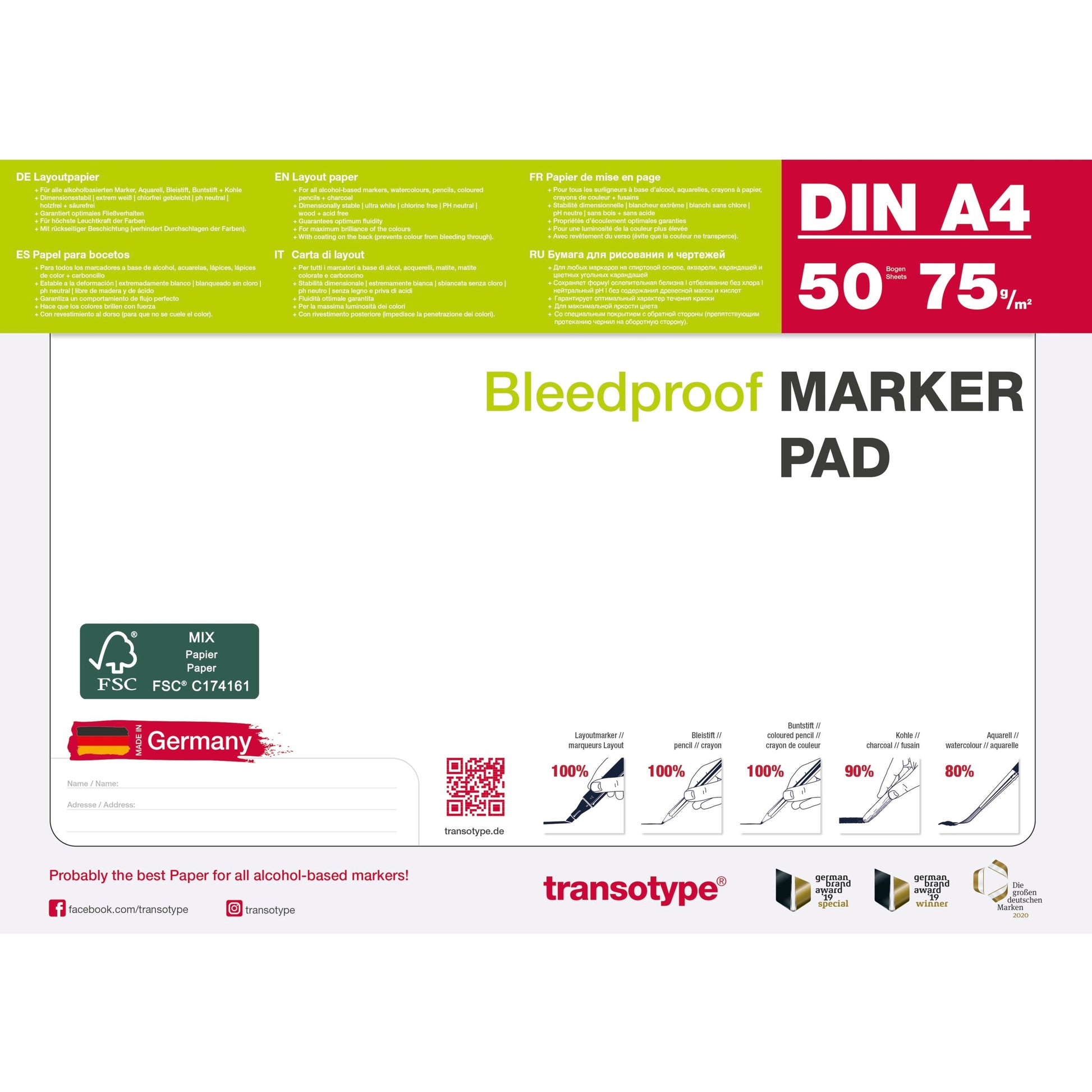Transotype Skizzenblock – 50 Blatt – für Marker (auch alkoholbasierte COPIC) – rückseitig beschichtet