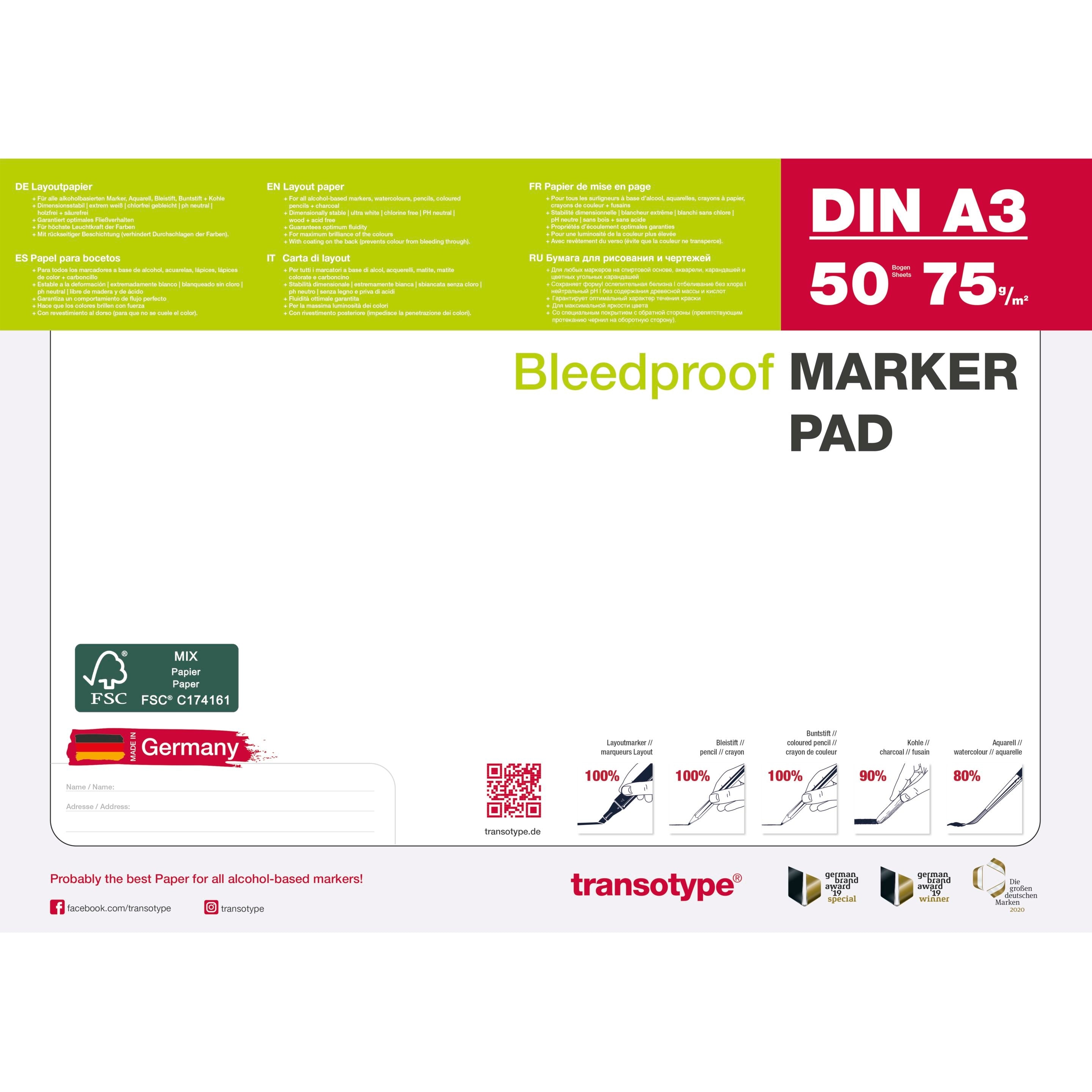 Transotype Layoutpapier – A3, 75 g/m², weiss, für Marker auf Alkoholbasis