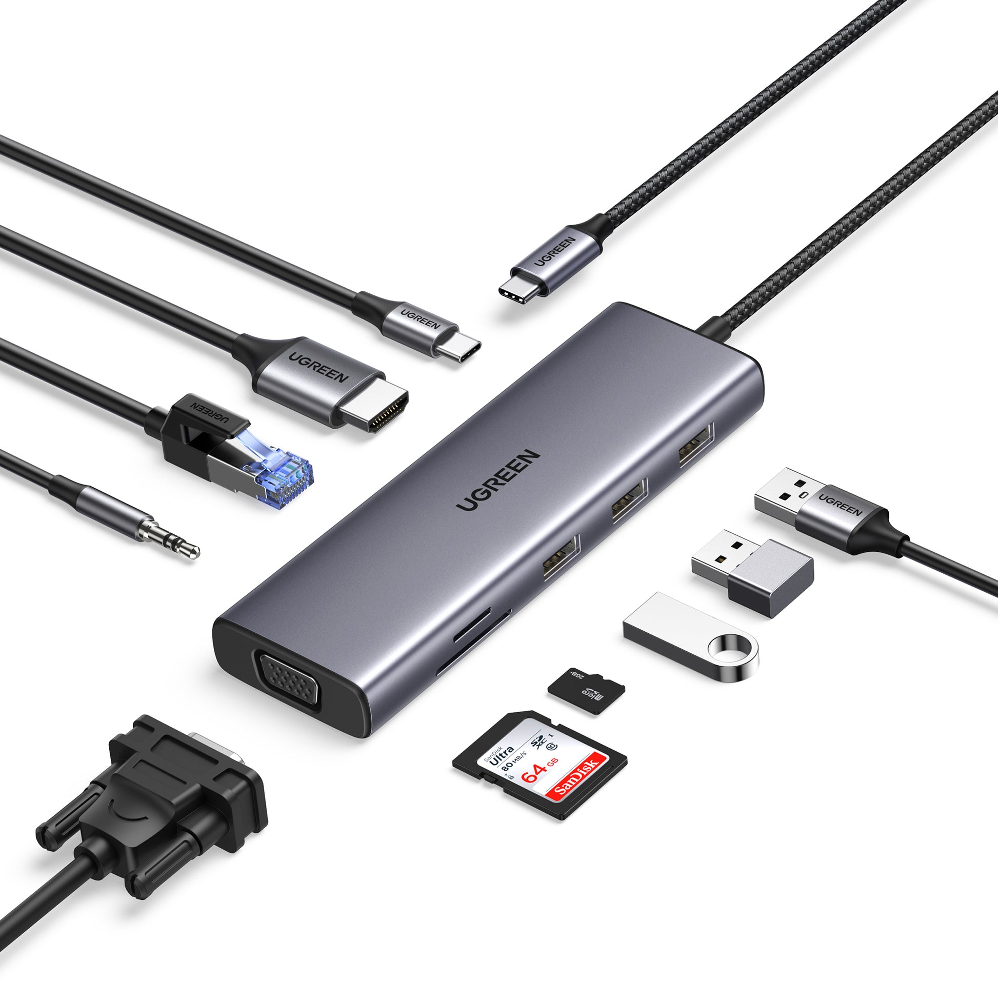 UGREEN Revodok 15600 USB-Hub – USB-C, 1× HDMI, 1× VGA, 3× USB-A, GbE, für Windows/Mac/iPadOS