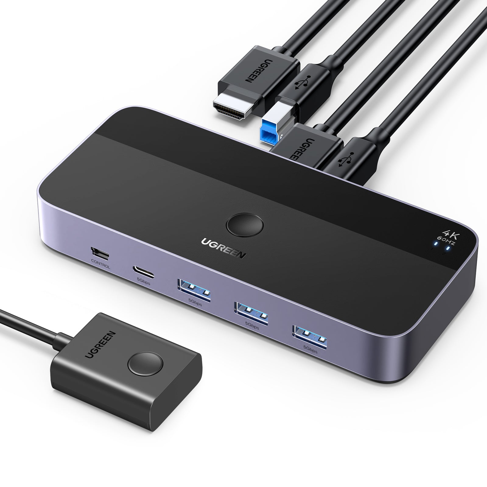 Ugreen 15707 – 2-Port HDMI KVM-Switch – 4K/60 Hz, USB 3.0-Hub, für PS5/PS4/Xbox One und mehr