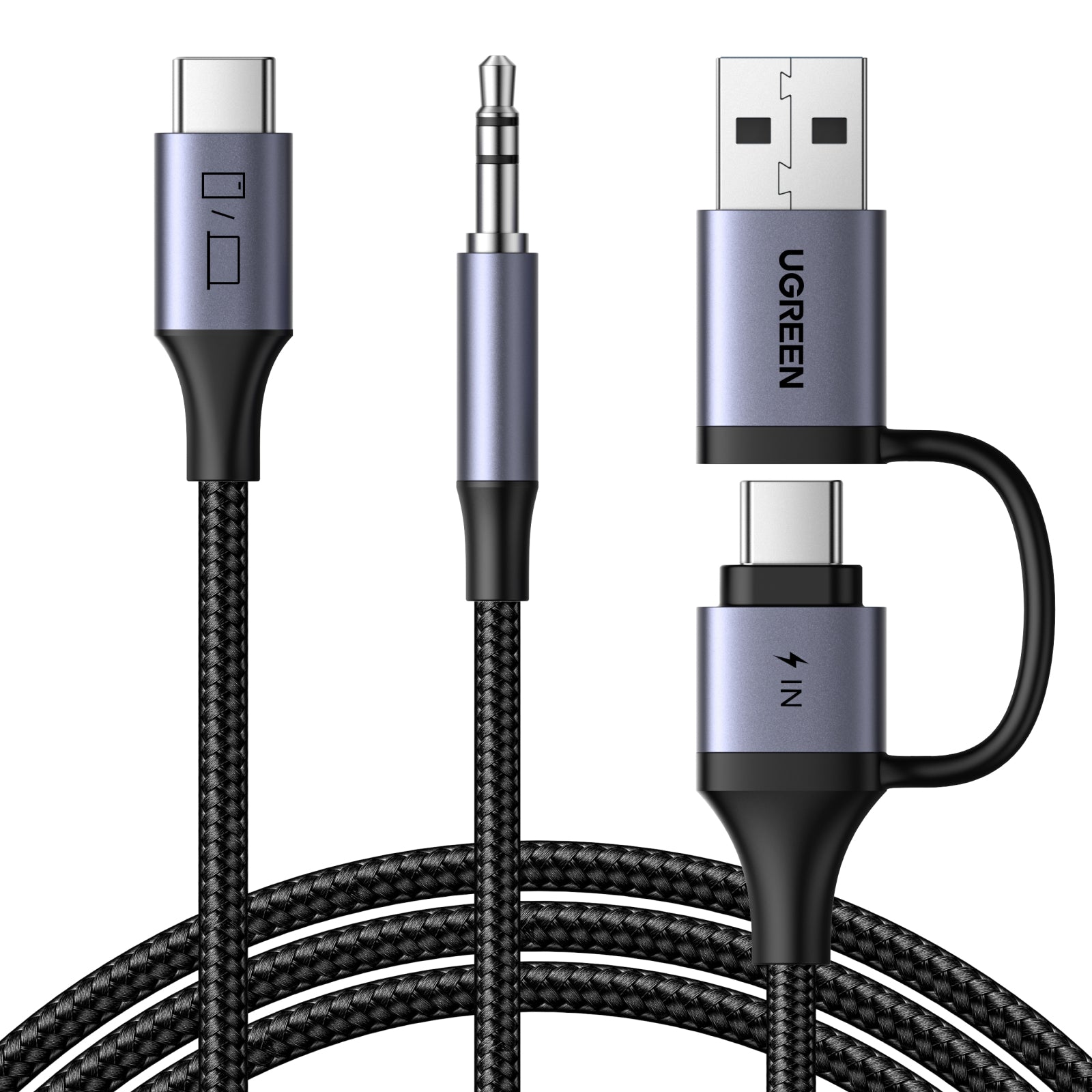 Ugreen Multi-Kabel – 2-in-1 USB-C auf 3,5 mm/USB-A 1,5 m, PD 60 W, geflochten – für USB-C Geräte