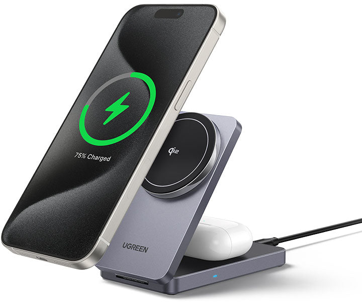 UGREEN W706 2-in-1 Ladeständer – Qi2 – 20 W – magnetisch – für iPhone, AirPods – Grau