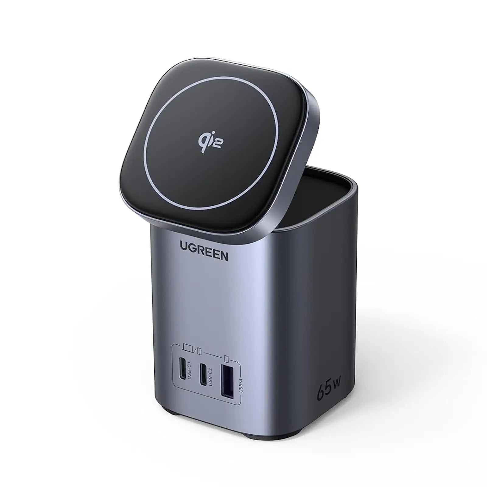 Ugreen 55321 USB-Desktop-Ladegerät 65 W – USB-C×1, USB-A×1, Qi2 Magnet 15 W, PD, GaN – für iPhone 12–17
