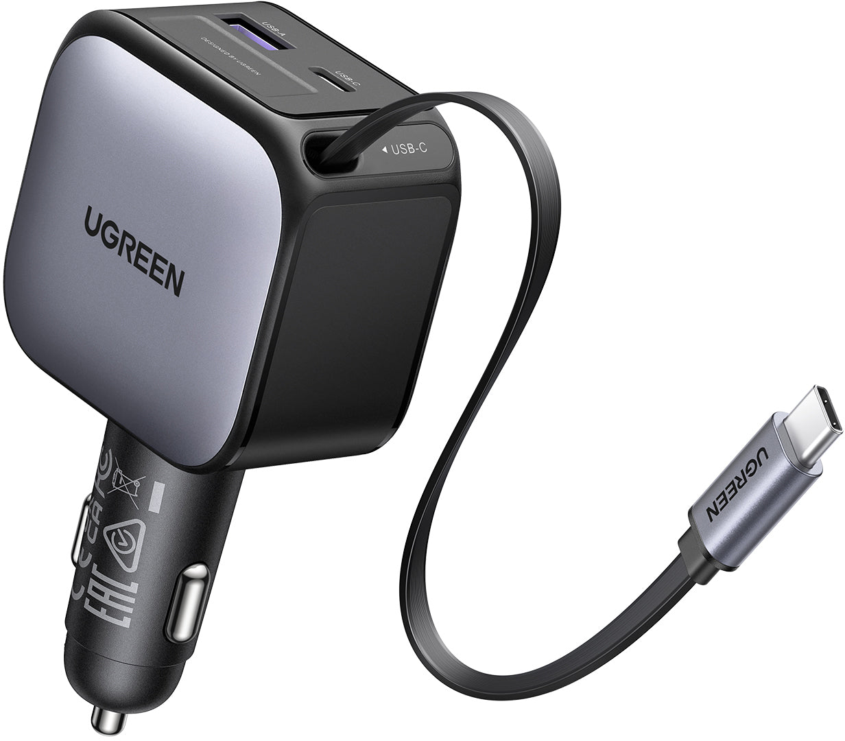 Ugreen 55909B Auto-Ladegerät 90 W – USB-C×1 (einziehbares Kabel, bis 30 W)
