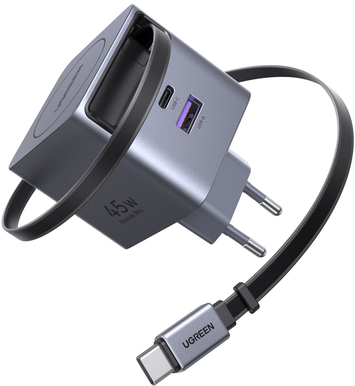 Ugreen 65822 USB-Desktop-Ladegerät 45 W – USB-C×1, GaN, Einziehbares Kabel 0,7 m