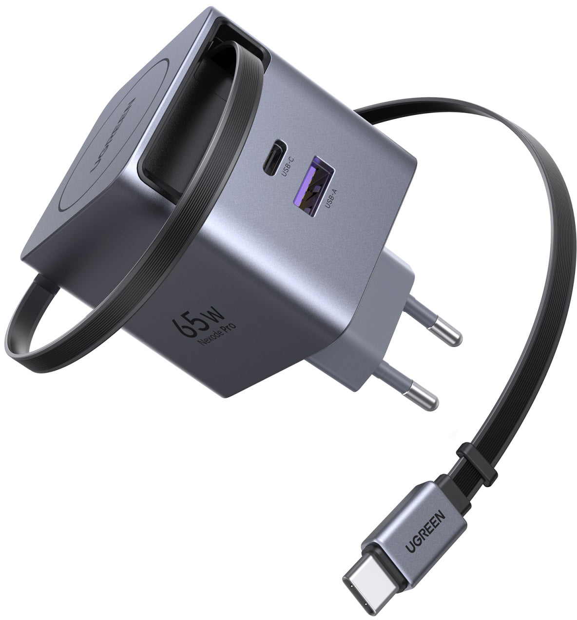 Ugreen 65825 USB-Ladegerät 65 W – USB-C×2, GaN, einziehbares Kabel 0,7 m
