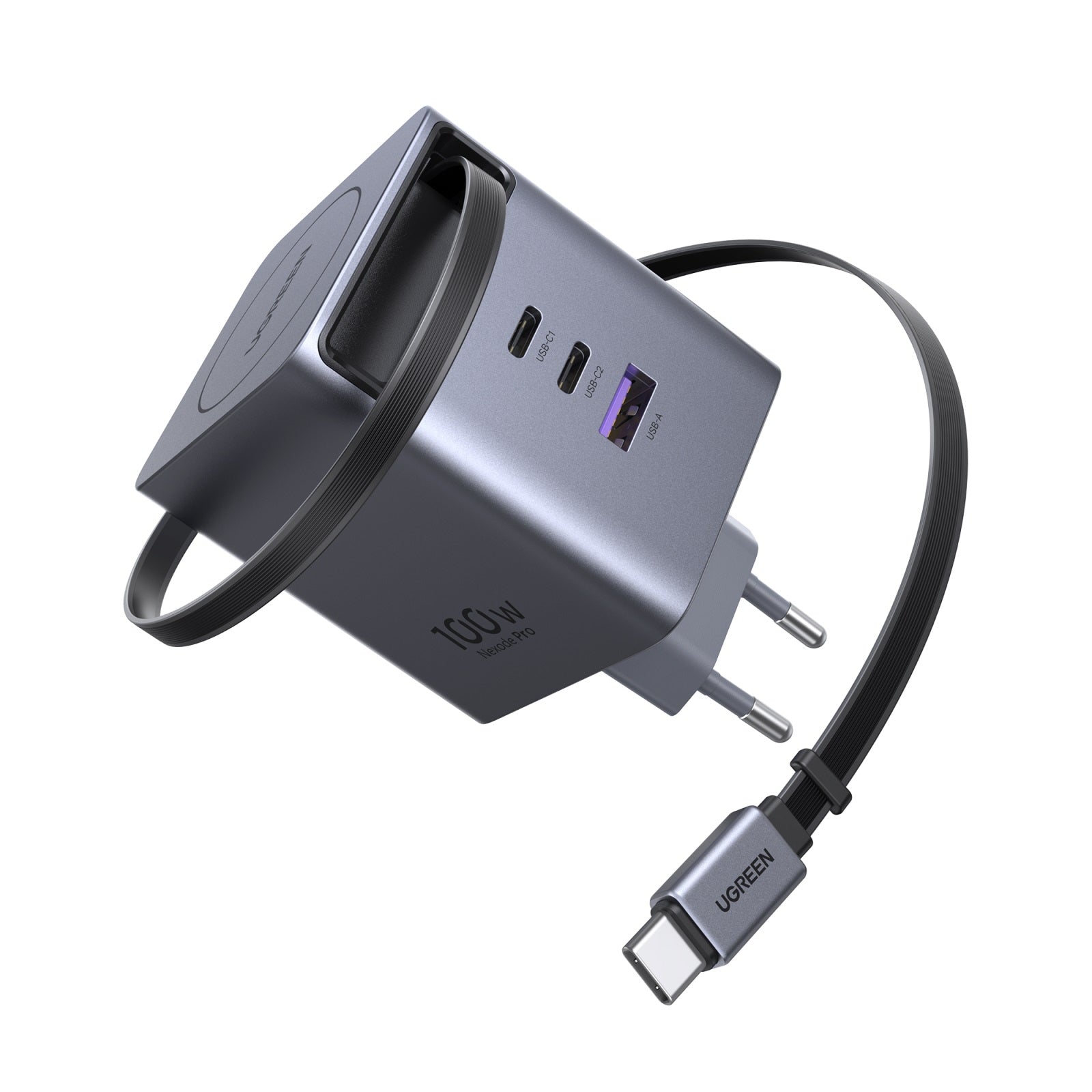 Ugreen 65828 USB-Ladegerät 100 W – 3-Port, USB-C PD, GaN – Einziehbares Kabel 0,8 m