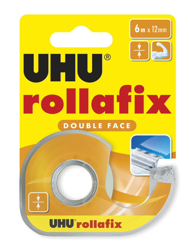 UHU Rollafix Doppelseitiges Klebeband – 12 mm × 6 m, transparent, hohe Haftkraft