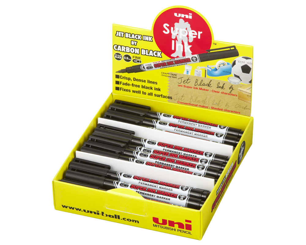 Uni-Ball Super Ink Permanentmarker – Rundspitze 0,9 mm – Schwarz – 36er-Pack – Für Stoff, Plastik und Glas