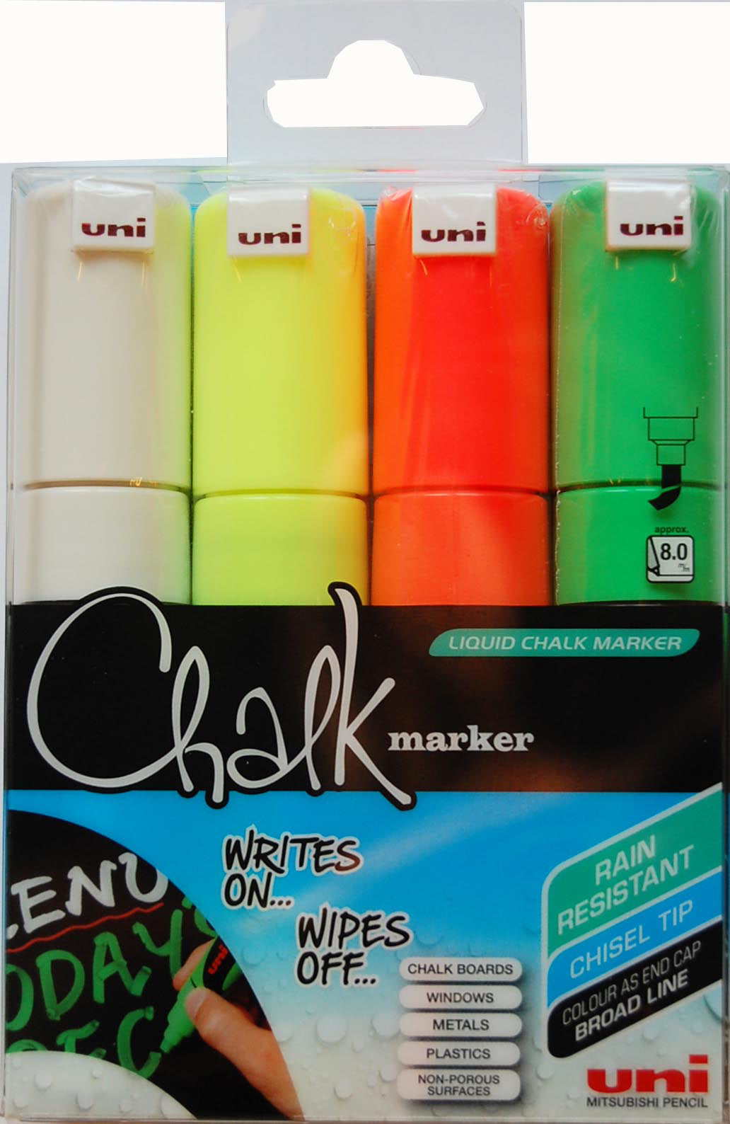 Uni-Ball PWE8M Kreidemarker – Keil 8 mm – 4er-Set, Gemischte Farben, für Glas/Spiegel/Plastik