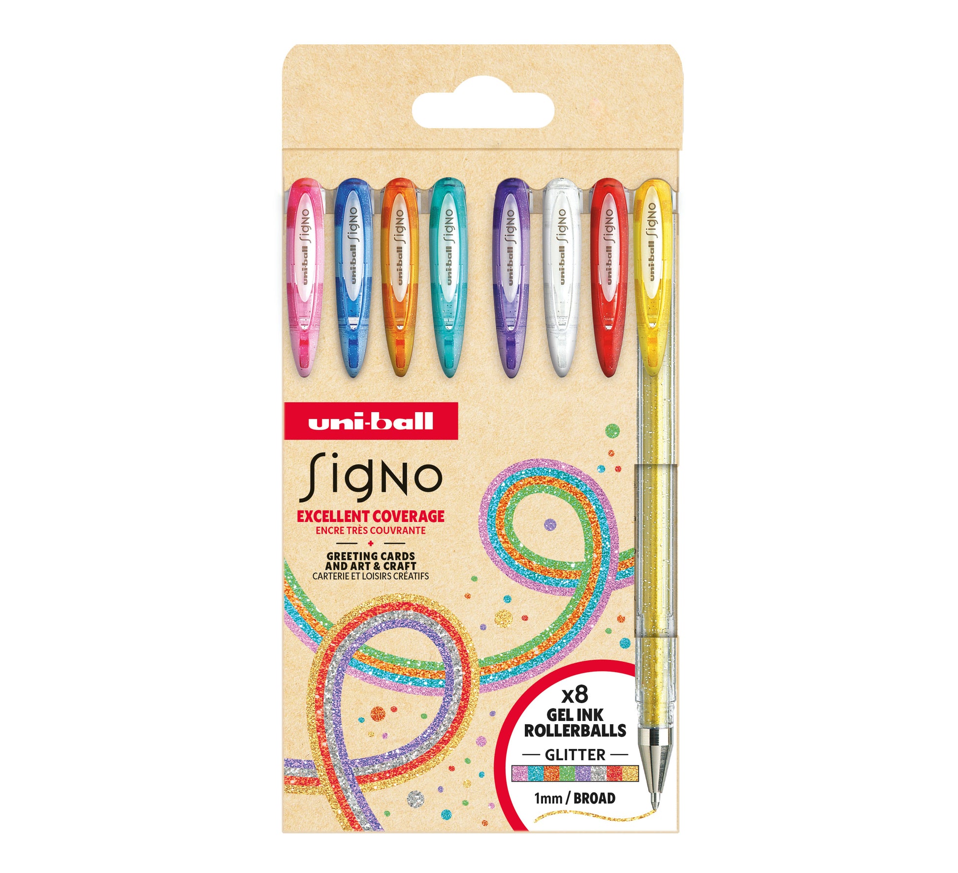 Uni-Ball Signo Sparkling Gelschreiber – 8 Farben, Spitze 1 mm, glitzernd, pigmentbasiert, 8er-Set