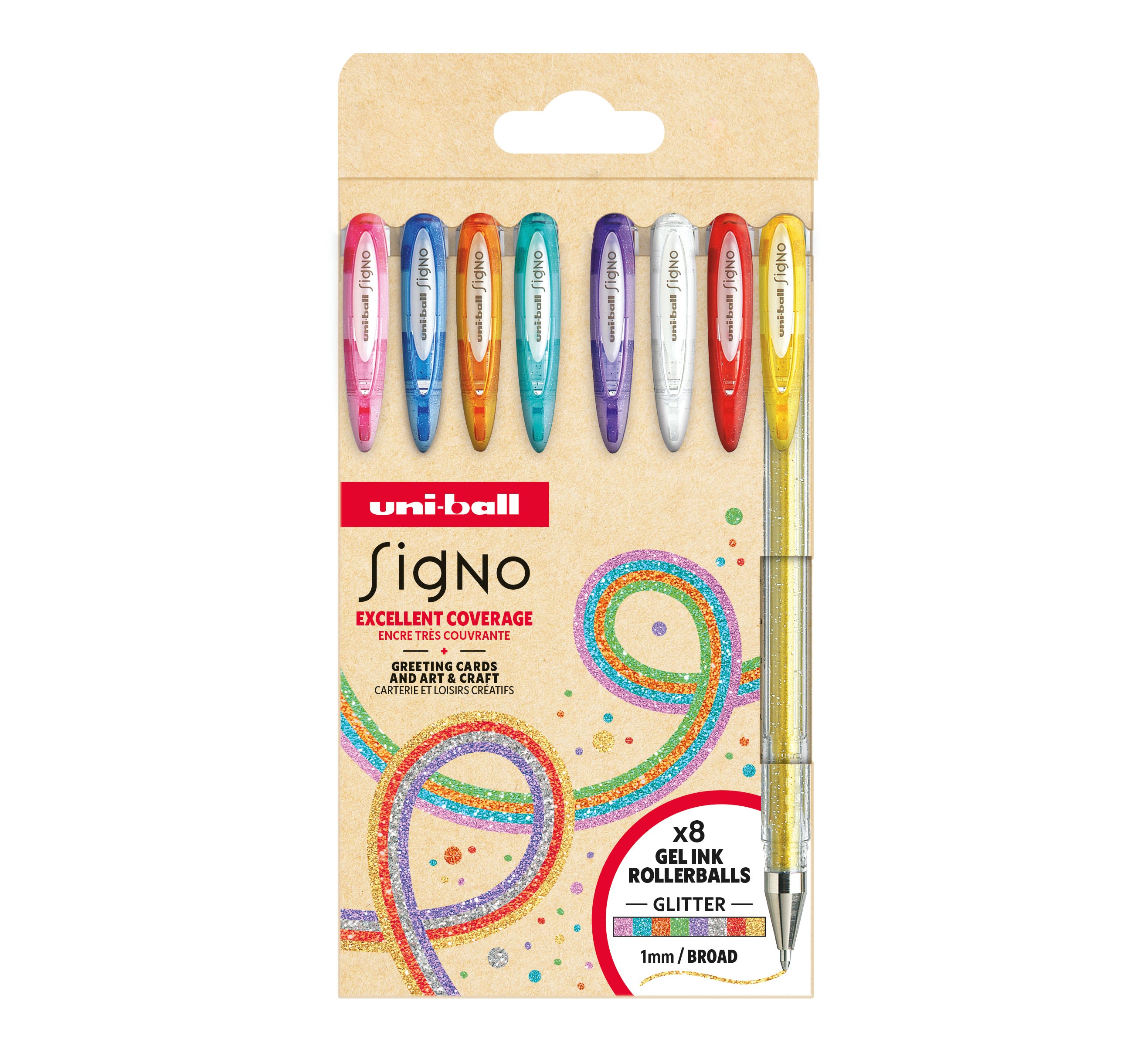 Uni-Ball Signo Sparkling Gelschreiber – 8 Farben, Spitze 1 mm, glitzernd, pigmentbasiert, 8er-Set