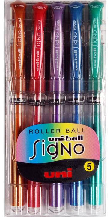 Uni-Ball Signo Broad Gelschreiber – 5 Farben, Spitze 0,65 mm, metallic, 5er-Set