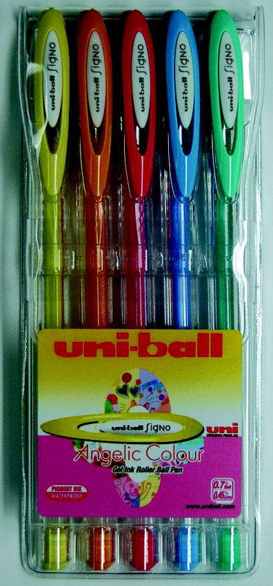 Uni-Ball Signo Angelic Gelschreiber – 5 Farben, Spitze 0,7 mm, 5er-Set, Etui