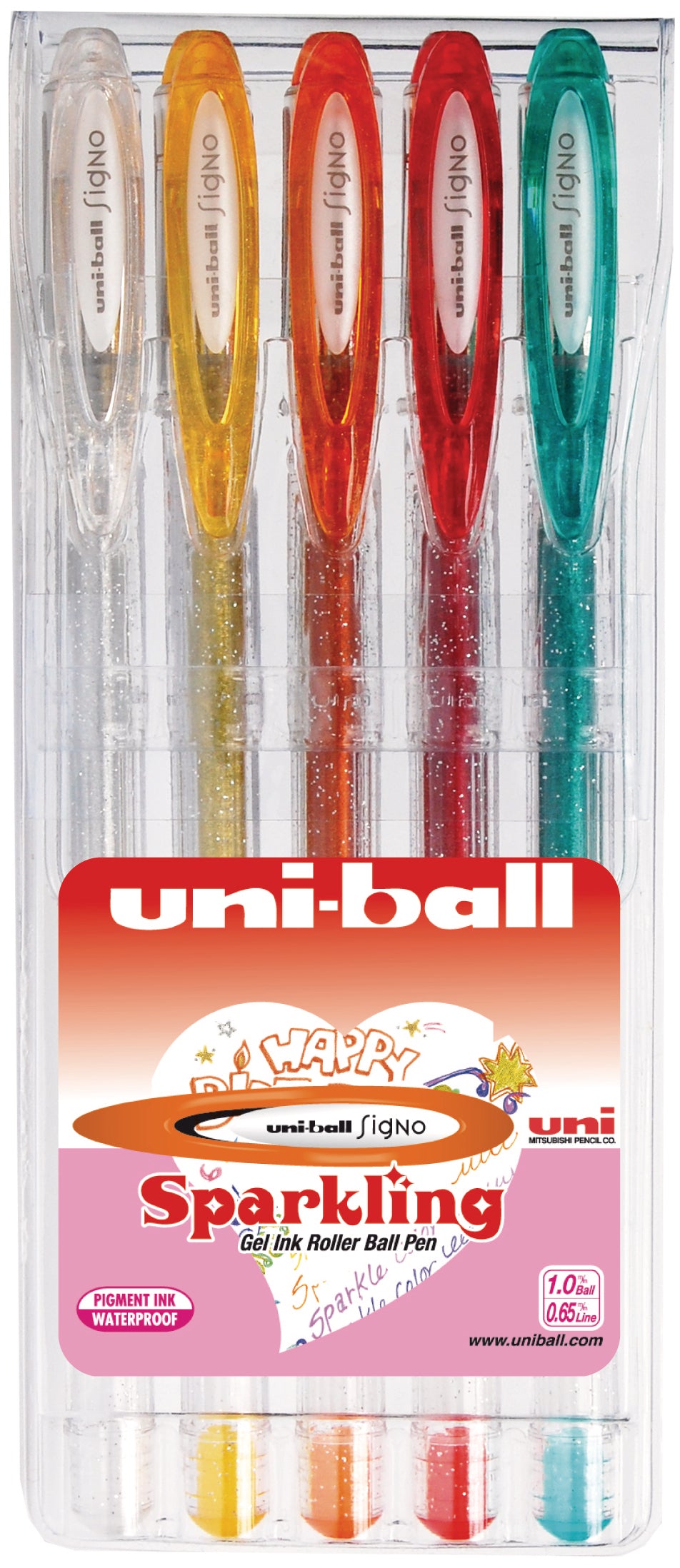 Uni-Ball Signo Sparkling Gelschreiber – 5 Farben, Spitze 1 mm, wasserfest, glitzernd, 5er-Set