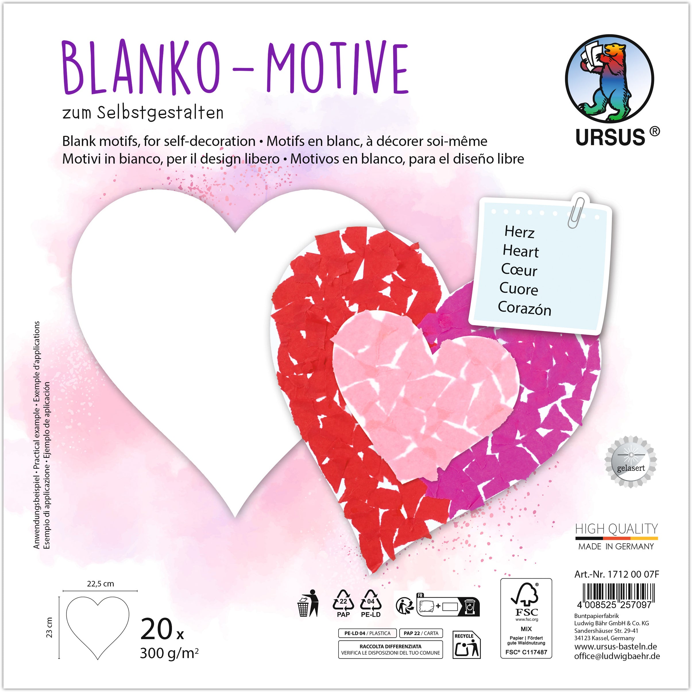 URSUS – Fotokarton, Blanko Motive, Weiss, 23 × 23 cm, 1 mm, 20 Bogen, Herz, 17120007F