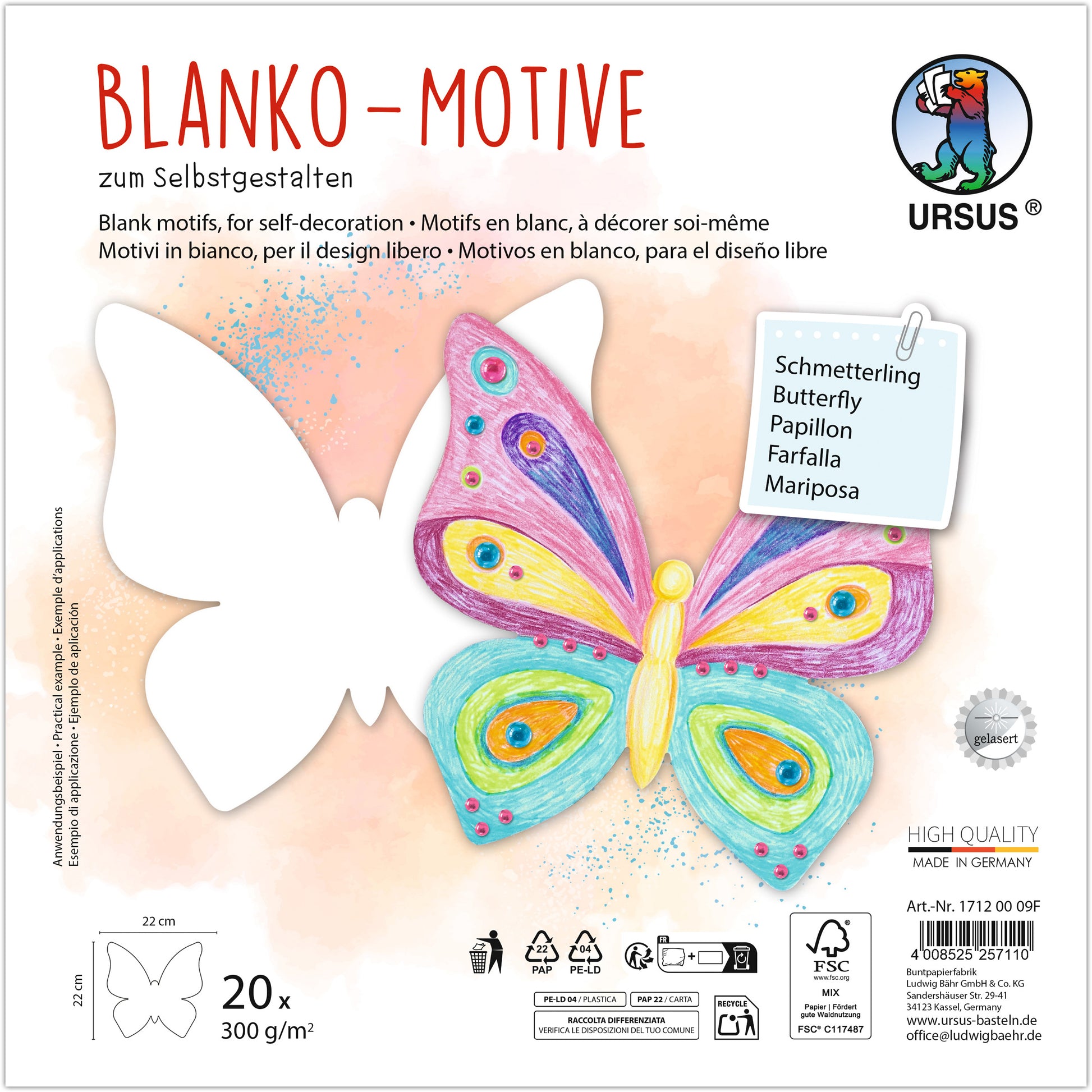 Ursus Fotokarton Blanko Motive – 23 × 23 cm, Schmetterling – 20 Blatt