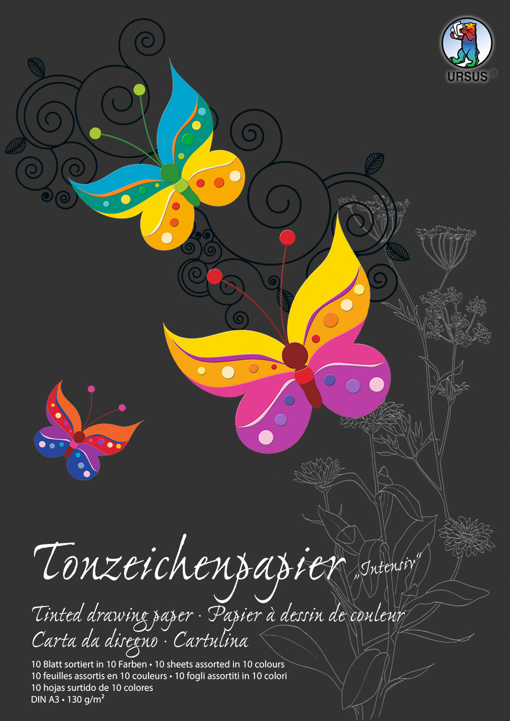Ursus Tonzeichenpapier-Block – A3, 130 g/m², farbig sortiert, 10 Blatt