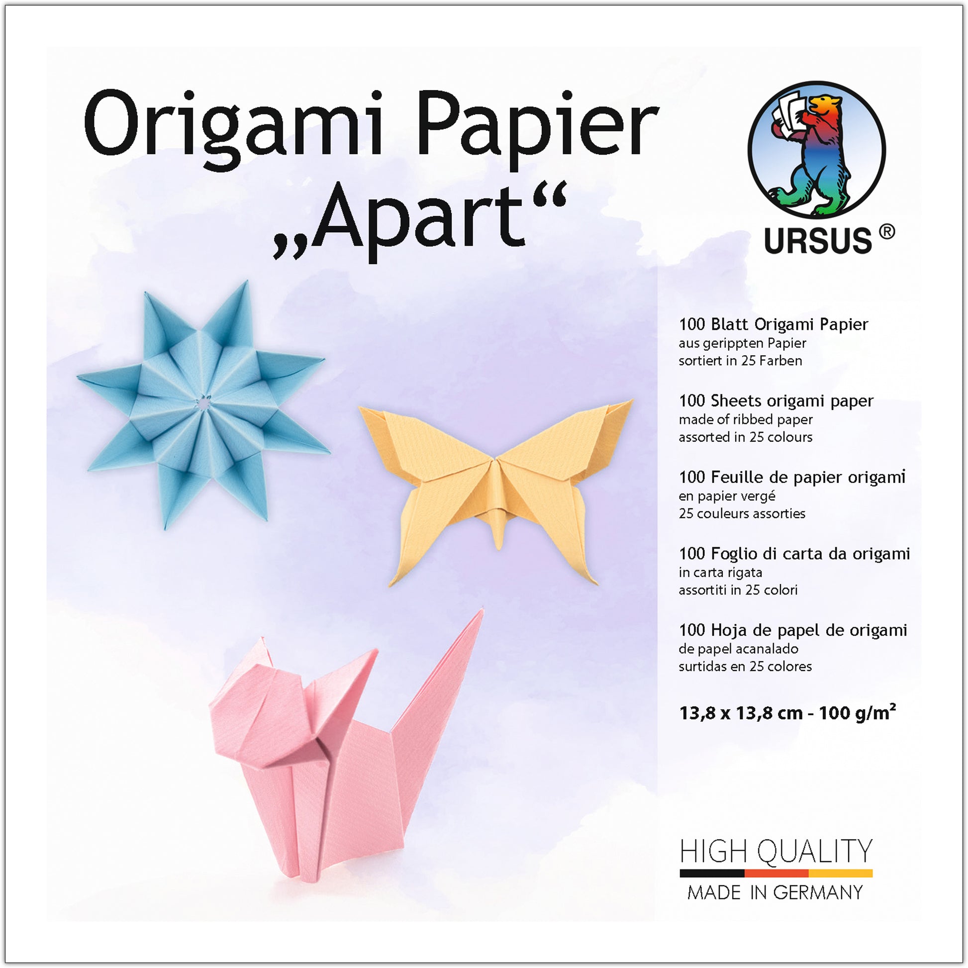 Ursus Origamipapier – 13,8 × 13,8 cm, sortiert (25 Farben), 100 g/m² – 100 Blatt