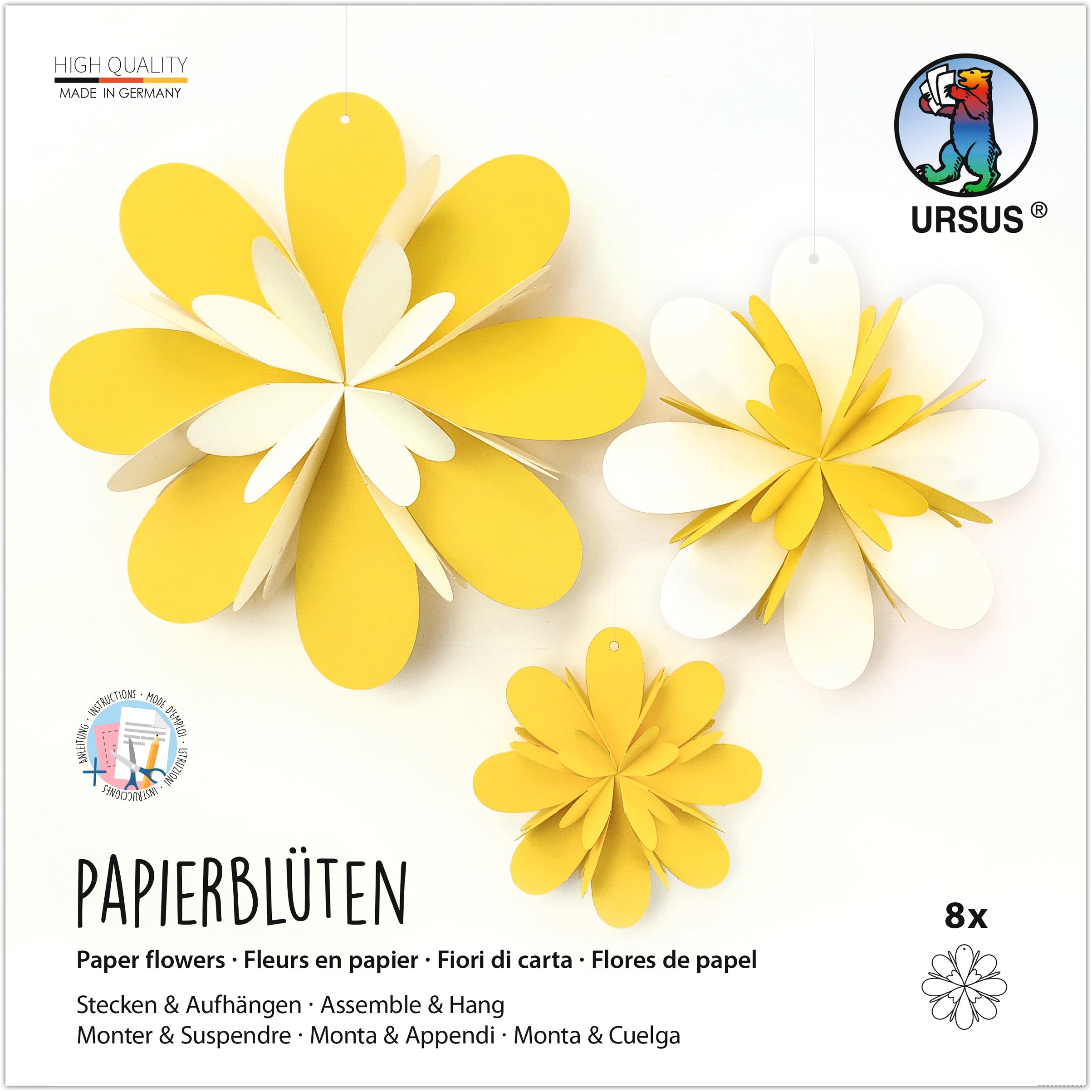 Ursus Papierblüten-Set – 22,5 × 22,5 cm – 12 Blatt – 300 g Fotokarton, gelasert und genutet – 2 Farben (asso)