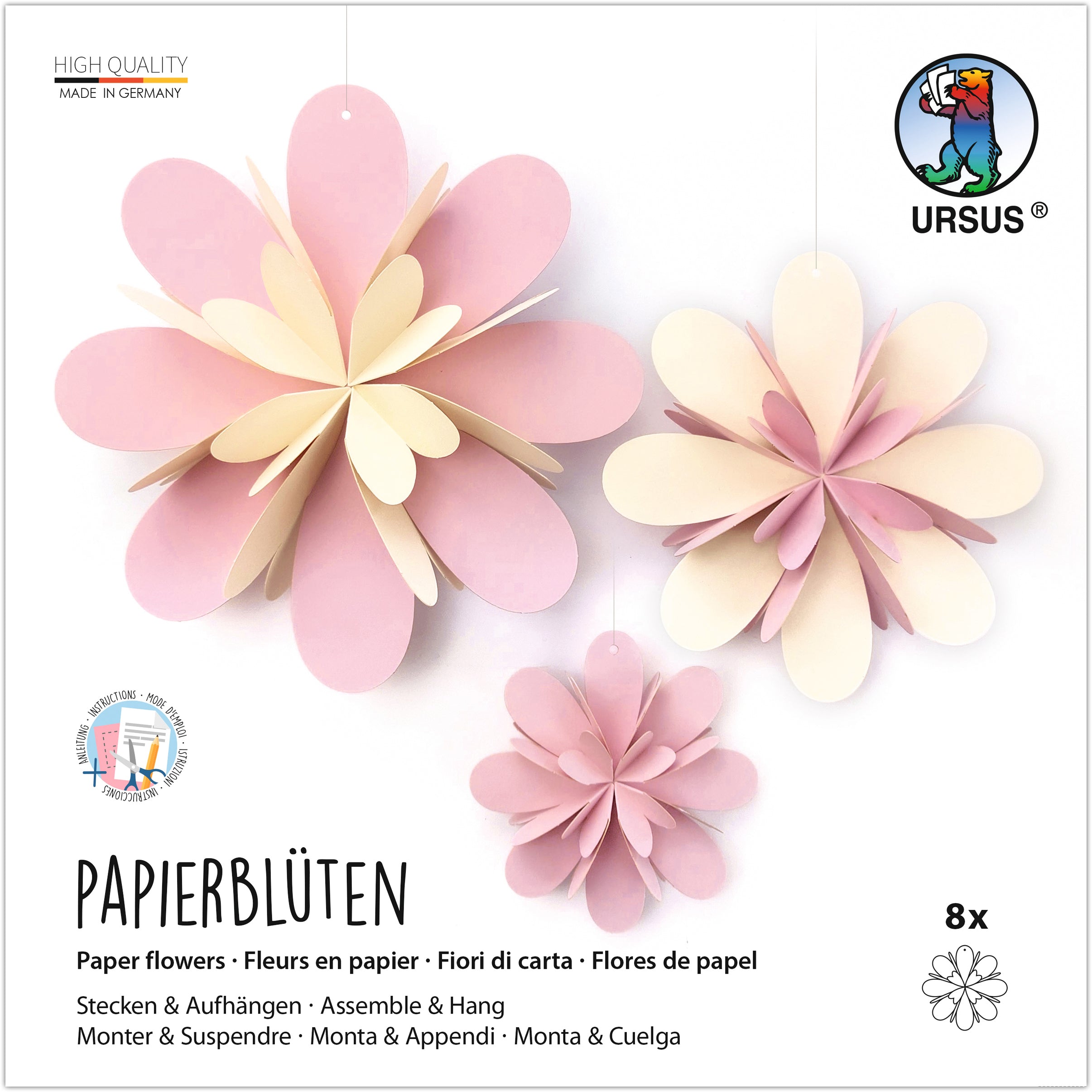 Ursus Papierblüten-Set – 22,5 × 22,5 cm – 12 Blatt – 300 g Fotokarton, gelasert und genutet
