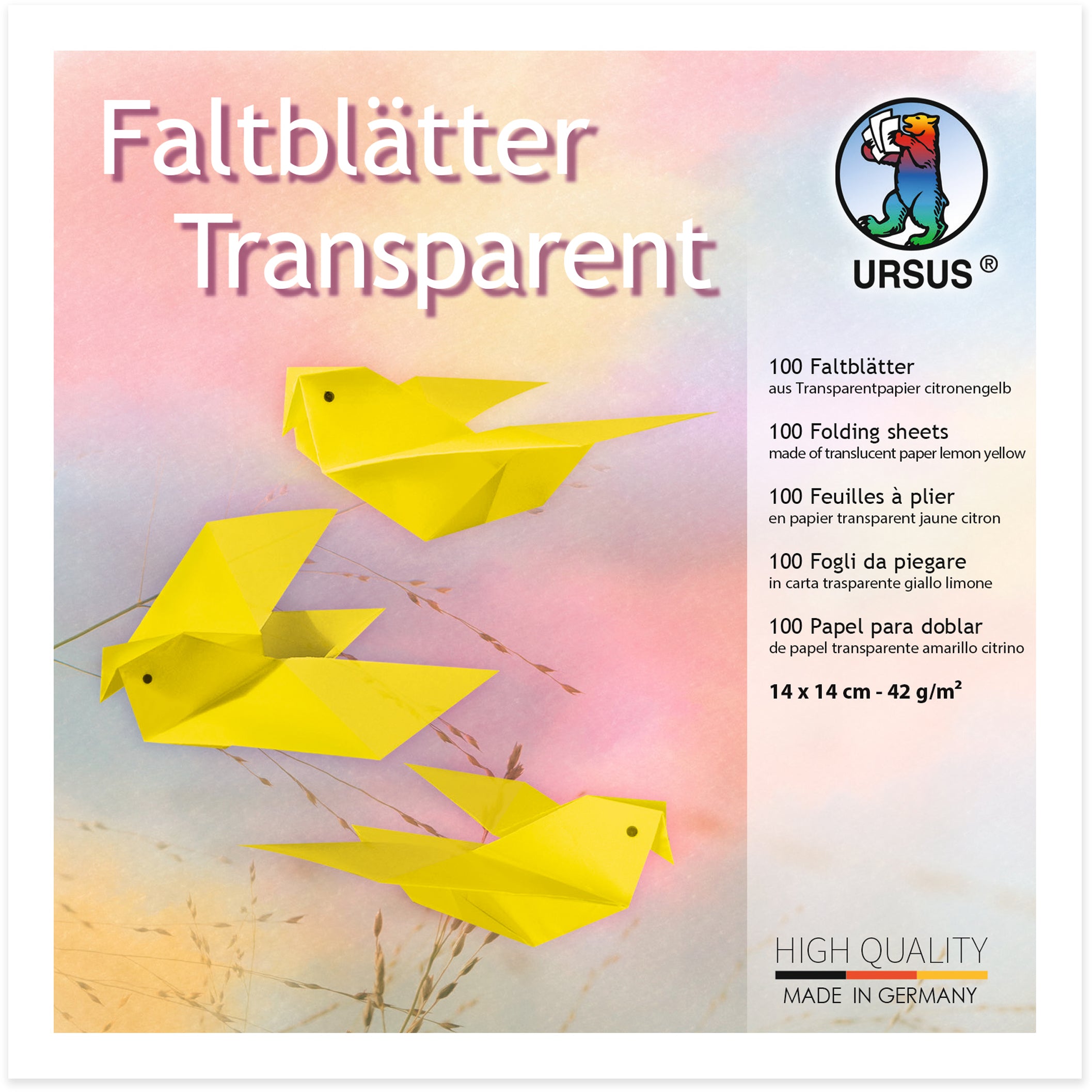Ursus Origamipapier – 14 × 14 cm, Zitronengelb, 42 g/m² – Transparentpapier
