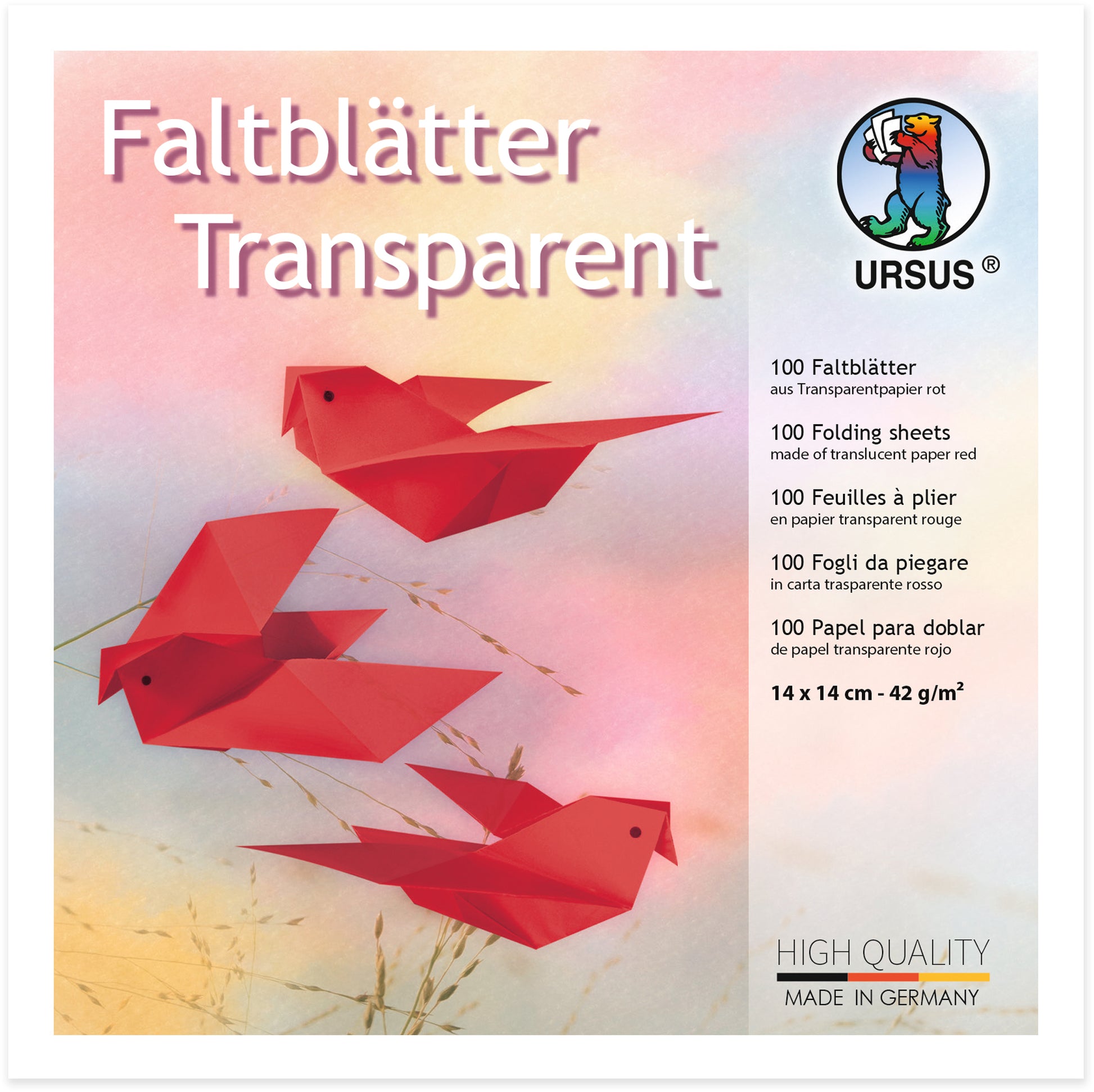 URSUS Origamipapier – 14 × 14 cm, rot, 42 g/m² – 100 Blatt, Transparentpapier