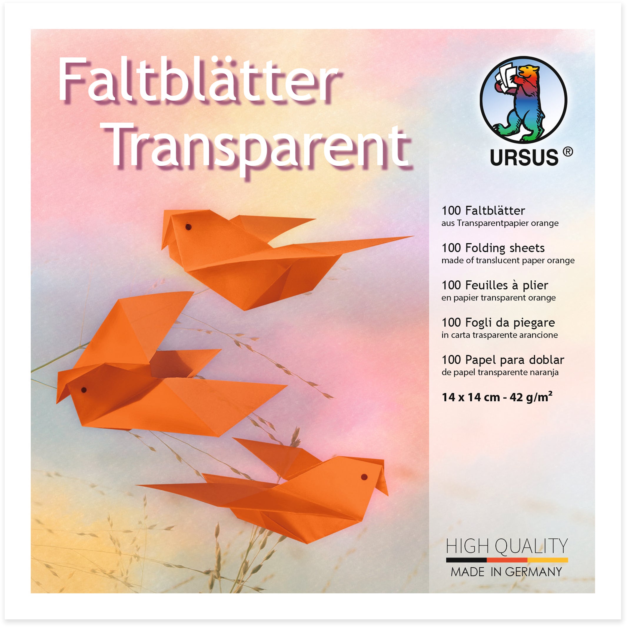 Ursus Origamipapier – 14 × 14 cm, Orange, 42 g/m² – 100 Blatt, Transparentpapier