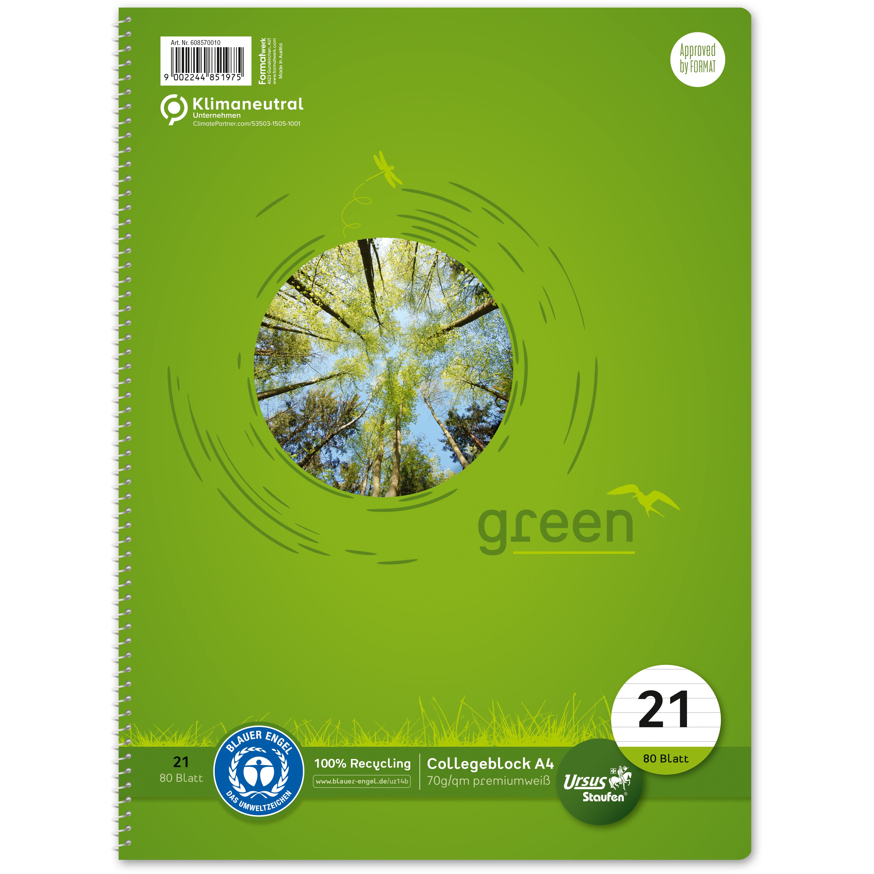 Ursus Collegeblock – A4 – 70 g/m² – Spiralbindung, 4-fach gelocht, mikroperforiert, holzfreies Papier, grün