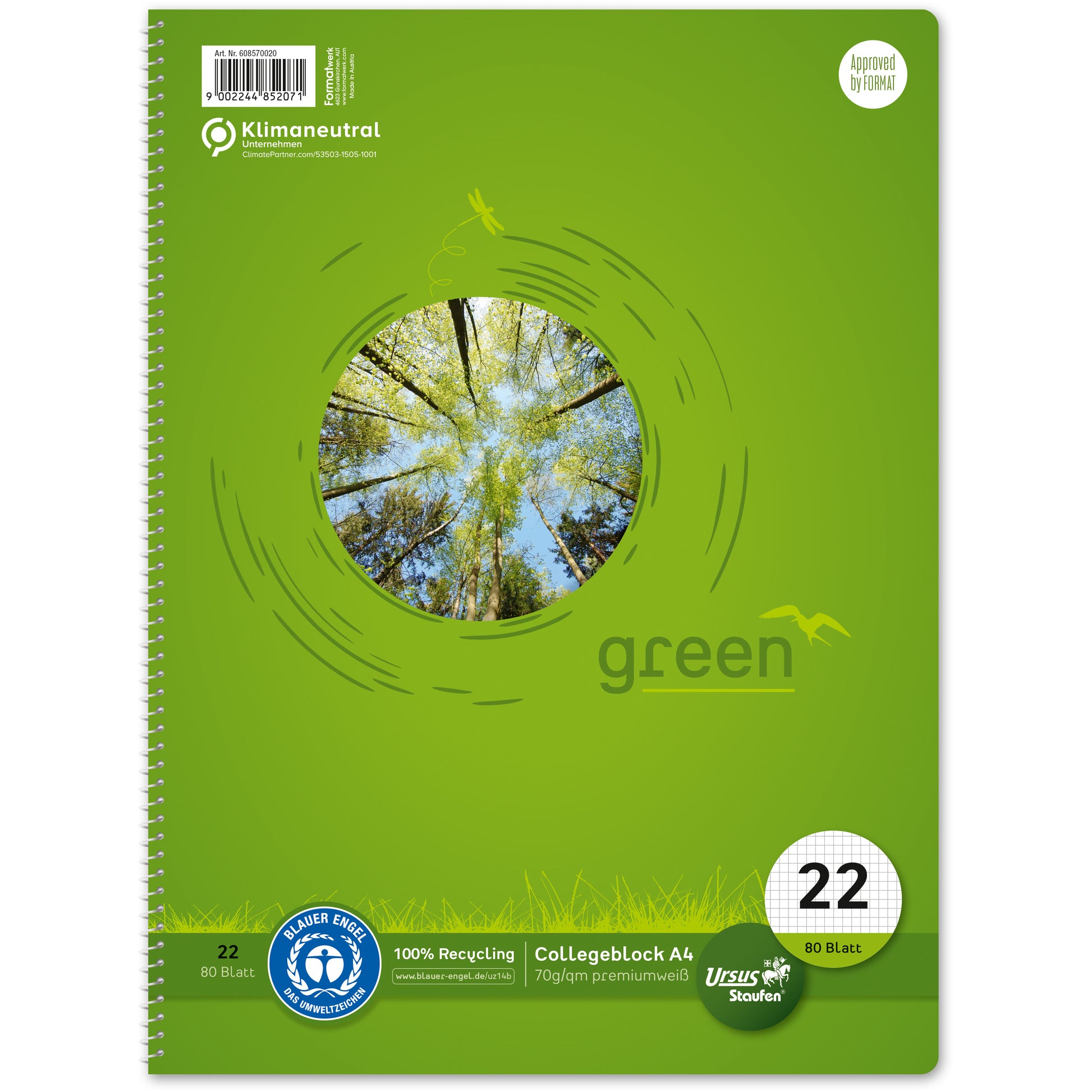 Ursus Collegeblock – A4 – 80 Blatt – 70 g/m² – Spiralbindung, 4-fach gelocht, mikroperforiert – Grün