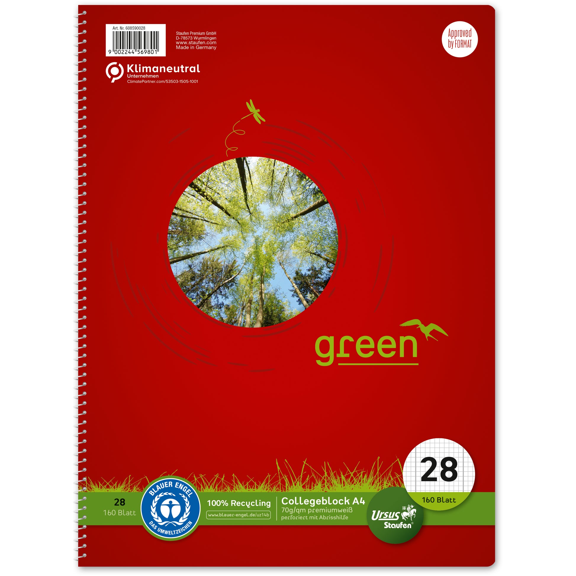 Ursus Collegeblock – A4 – 70 g/m² – Spiralbindung, 4-fach gelocht, mikroperforiert, 2 Randlinien, grün