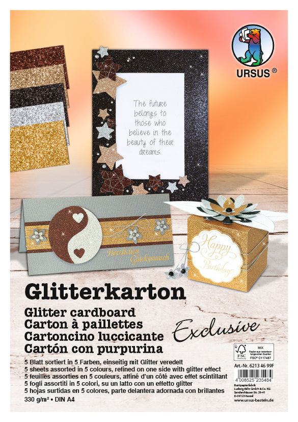 Ursus Fotokarton Exklusive – A4, Glitzer, sortiert, 300 g/m² – 5 Blatt