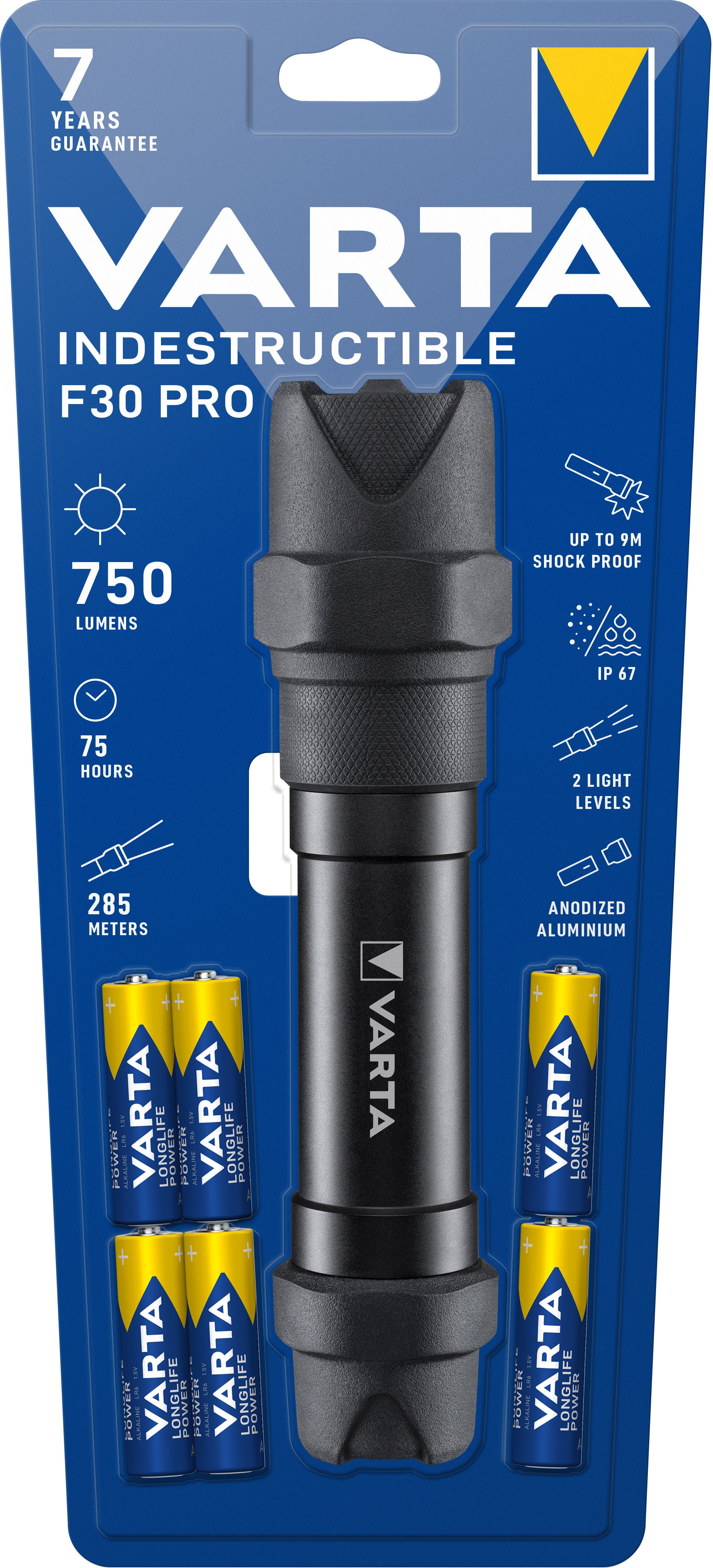 Varta Taschenlampe Indestructible F30 Pro – 650 lm, 279 m, IP67, 6× AA (inkl.), 2 Stufen – Schwarz