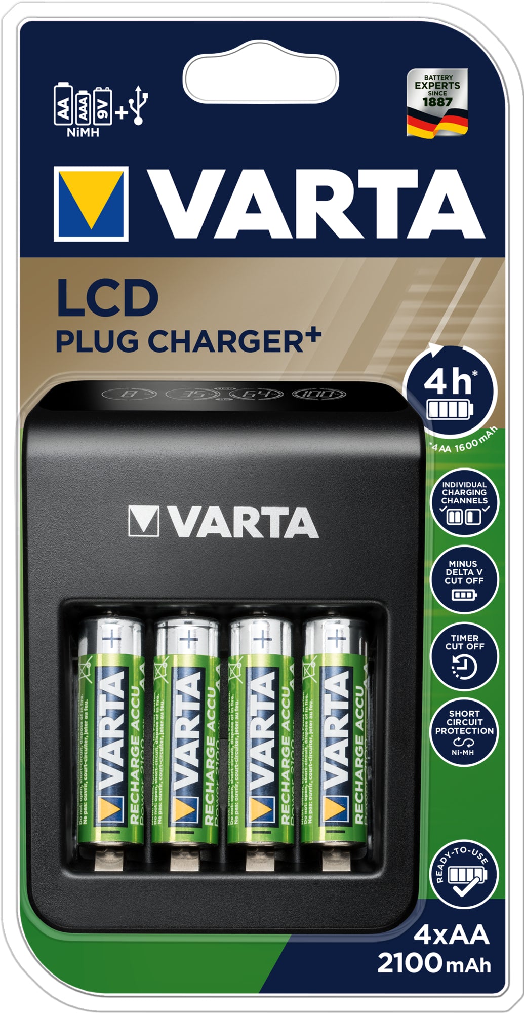Varta LCD-Steckerladegerät + Batterieladegerät 4× – für AA, AAA, 9V (NiMH) – LCD, USB×1 – inkl. 4×AA 2100 mAh – schwarz