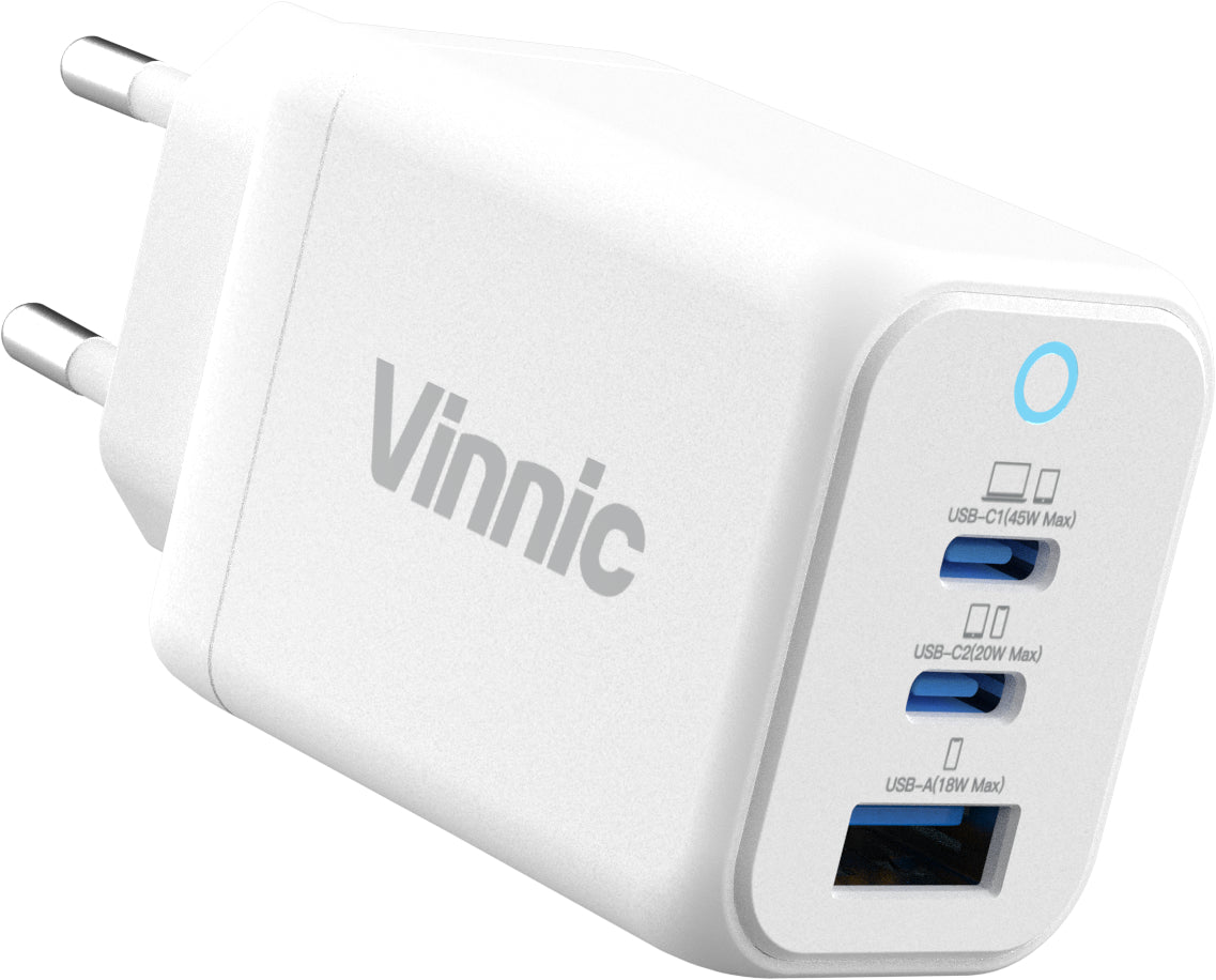Vinnic FERNOW VPCG-GA45 USB-Ladegerät 45 W – USB-C×2, USB-A×1 – PD, QC, GaN – Weiss