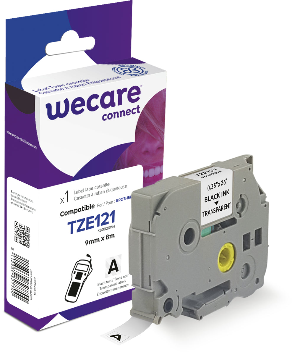 Wecare TZe-121 Schriftband – Schwarz auf Transparent – 9 mm, Laminierte – Kompatibel mit Brother P-touch