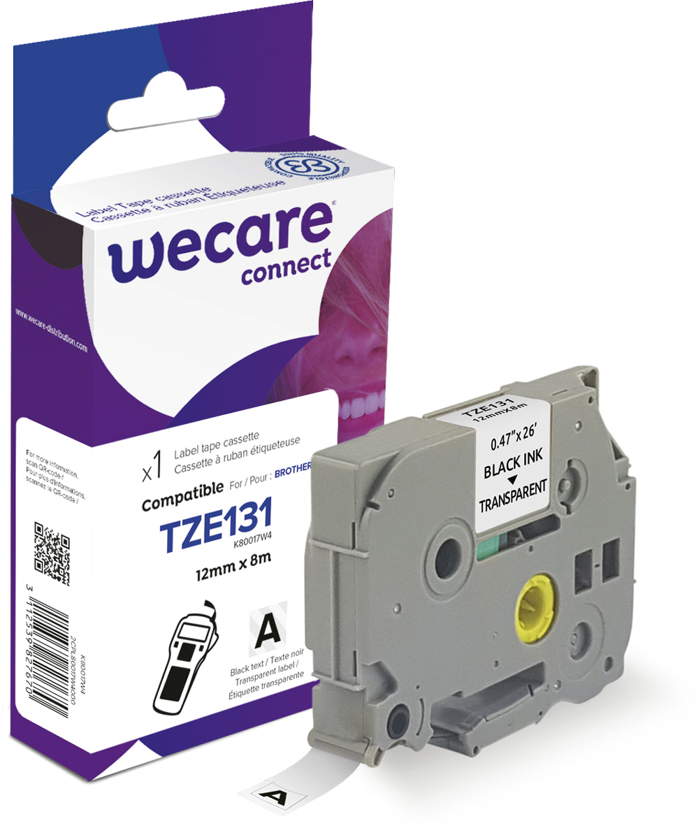 Wecare TZe-131 Schriftband – Schwarz auf Transparent – 12 mm, laminiert – für Brother P-touch