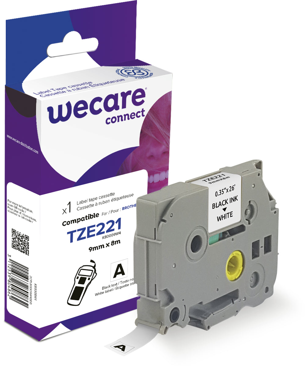 Wecare TZe-221 Schriftband – Schwarz auf Weiss – 9 mm, laminiert – für Brother P-touch