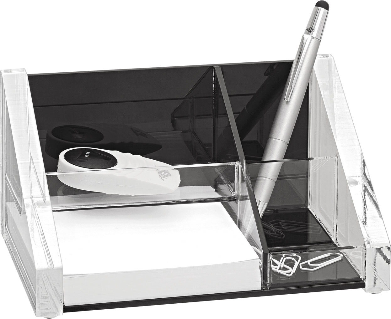Wedo 605101 Multiköcher – 3 Fächer, Notizfach, transparent/schwarz, Kunststoff, B 105 × H 95 × T 175 mm