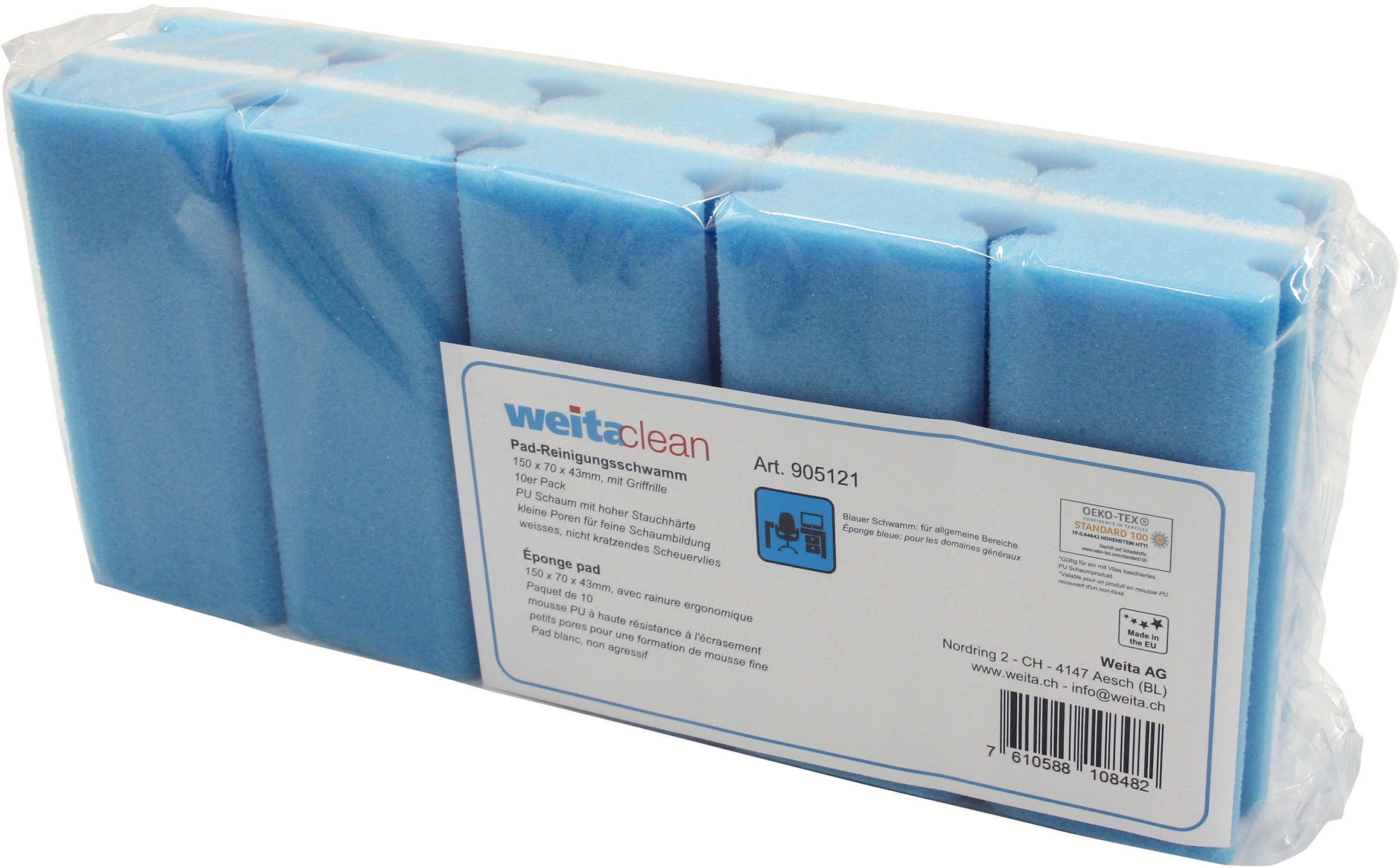 Weitaclean Scheuerschwamm – kratzfrei, 35,5 × 15,5 × 8 cm, blau, 10 Stk.