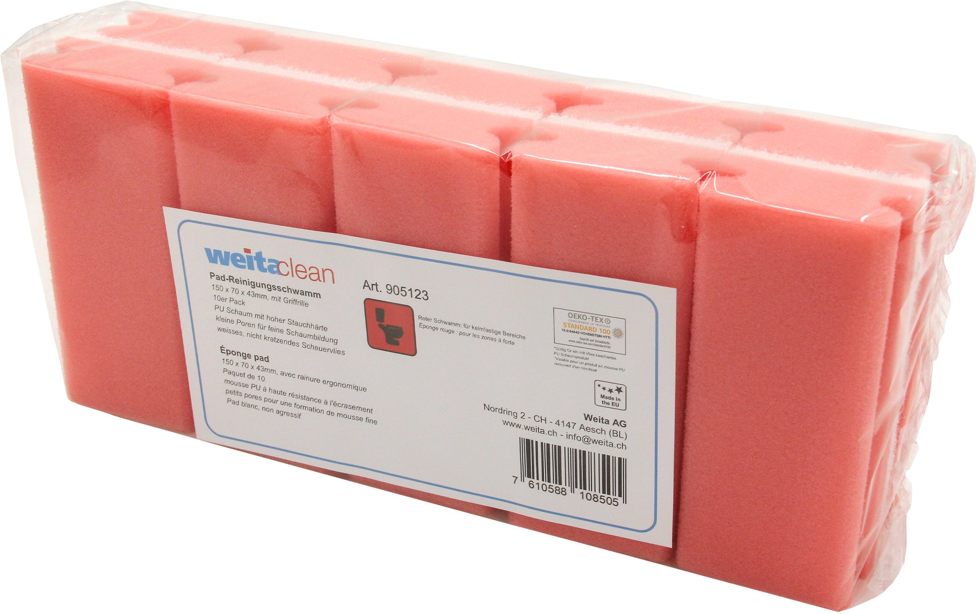 Weitaclean Kratzfreier Padschwamm – 34 × 9,5 × 8,5 cm, rot, 10 Stk.