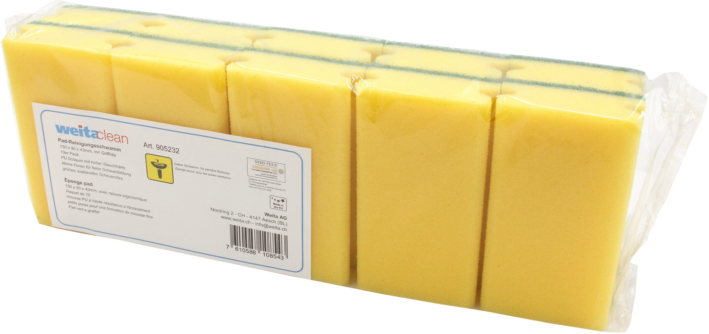 Weitaclean Scheuerschwamm kratzfrei – 44,5 × 15,5 × 8,5 cm, gelb, 10 Stk.