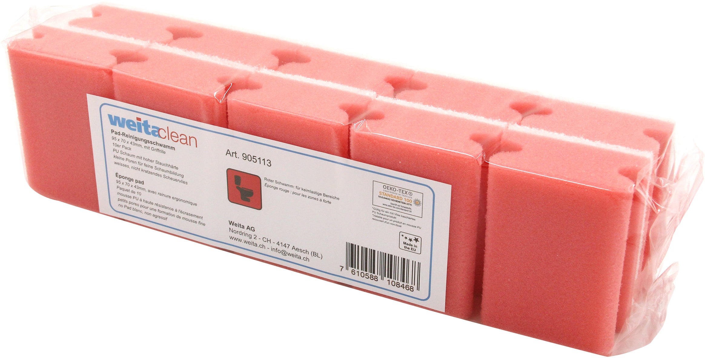 Weitaclean Scheuerschwamm kratzfrei – 34,5 × 9,5 × 8,5 cm, rot, 10 Stk.