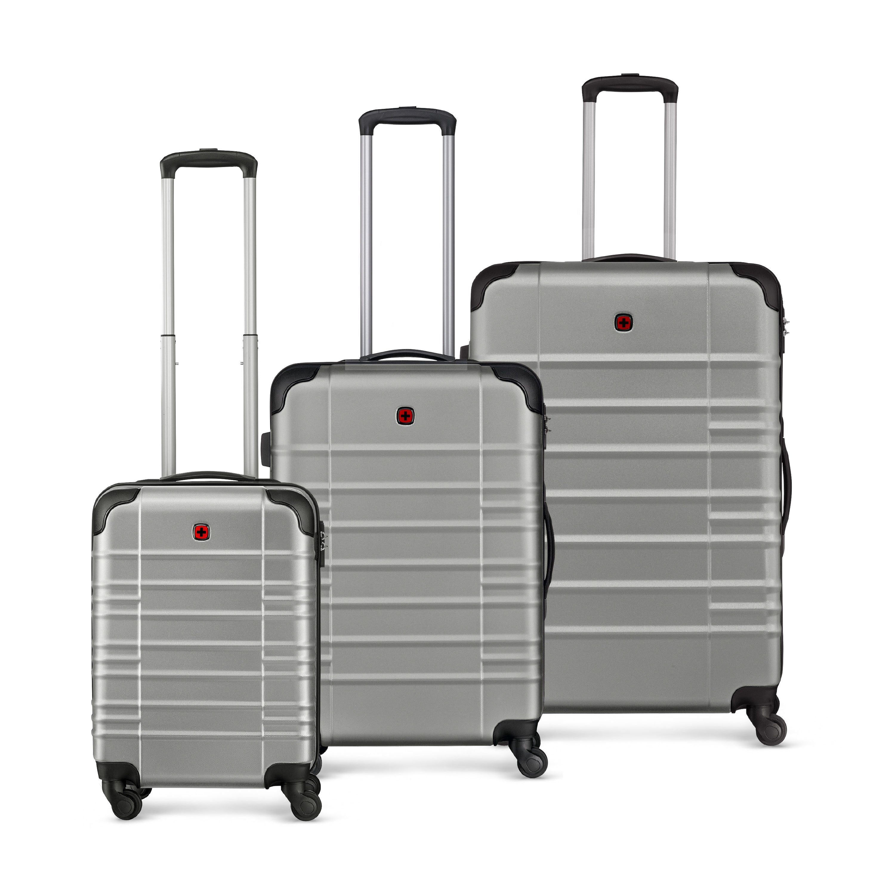 Wenger Amplar – 3-teiliges Hartschalen-Kofferset, 4 Rollen, Zahlenschloss, Silber, 25 × 41,5 × 57 cm