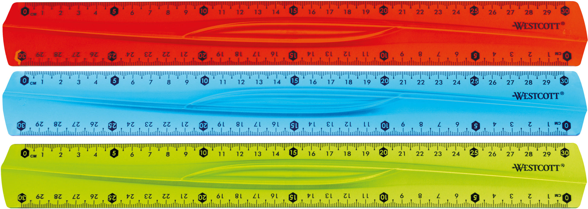 Westcott Lineal – Kunststoff – 30 cm – facettiert, flexibel – blau/rot/grün