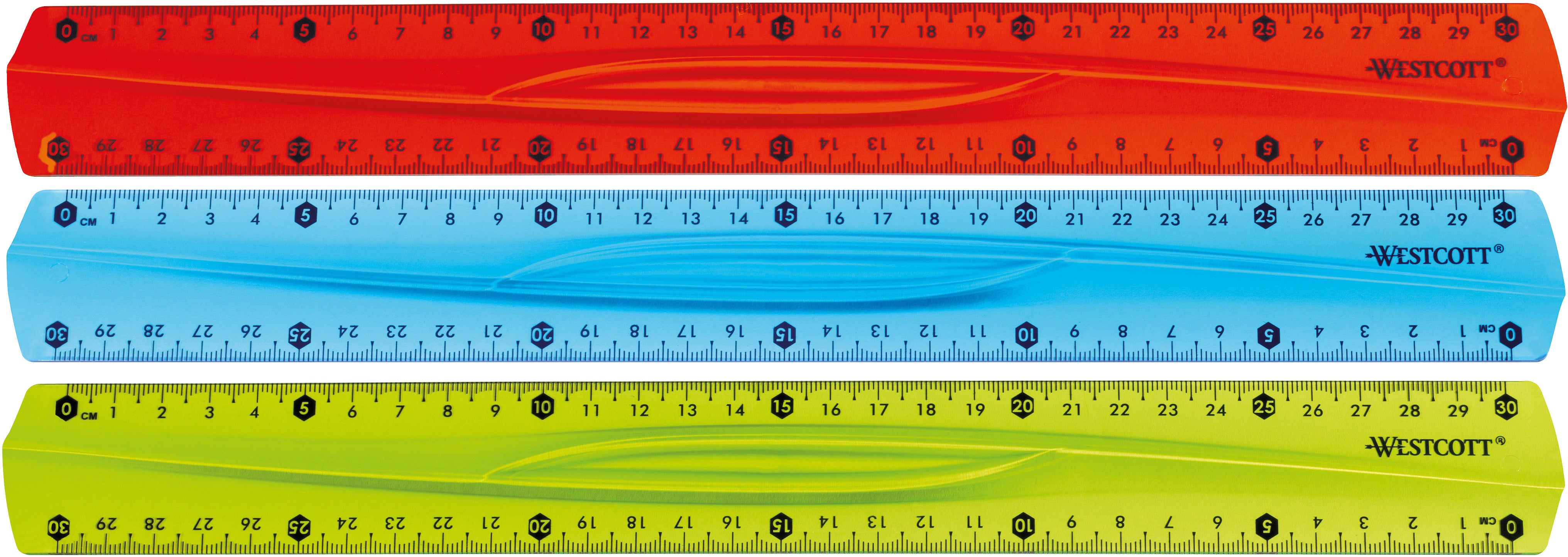 Westcott Lineal – Kunststoff – 30 cm – facettiert, flexibel – blau/rot/grün